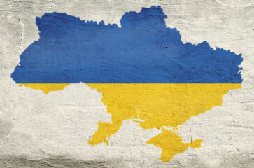 map of Ukraine painted on an old wall with the colors blue and yellow of the flag