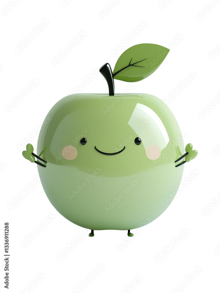 Poster animated green apple cartoon character with smiling face and transparent background