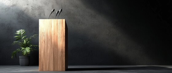 Wooden podium with microphones in dark room