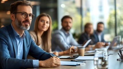 65. Team of financial experts attending a seminar on portfolio budgeting and asset management in a conference room