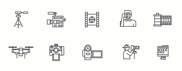 Movie Shooting line Icon Set.  Media, light, equipment, industry, technology . Vector Illustration.