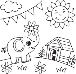 Line art kids coloring page of happy Sun, Hut, flower and Elephant. Vector illustration outline design.