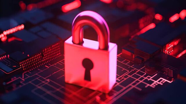 A visually striking digital lock stands out in a sea of vibrant red lights, representing modern cybersecurity and the imperative need for data protection in the digital age.