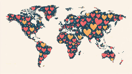 Fototapeta premium world map with colored hearts illustration, make love not war concept stop wars spread love on white paper countries illustration graphic design png