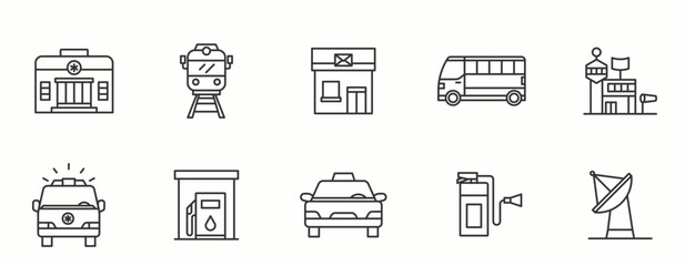 Transport line Icon Set. Bus, taxi, aeroplane, subway, automobile, symbol, plane, train, bicycle, ship,   . Vector Illustration.