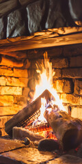 Cozy indoor fireplace with burning logs and glowing flames in rustic brick setting
