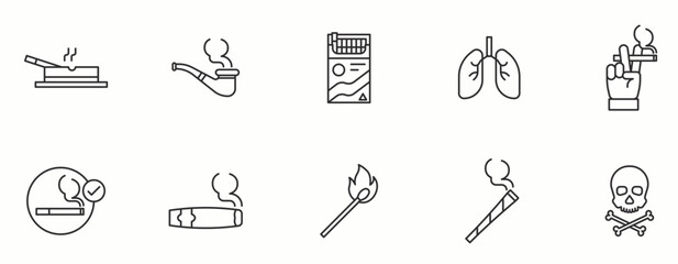 Smoking  line Icon Set. Tobacco, smoke, ack, pipe, ashtray, filter . Vector Illustration.