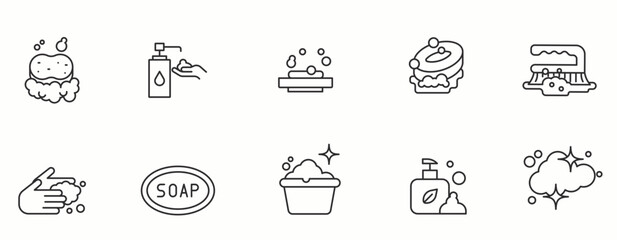 Body Soap line Icon Set. Freshness, skincare, water, shower  . Vector Illustration.