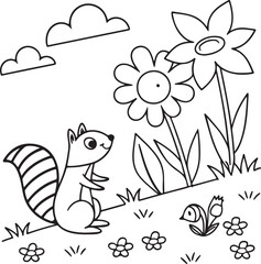 Squirrel playing coloring pages for kids line art. Art page or book outline vector design.