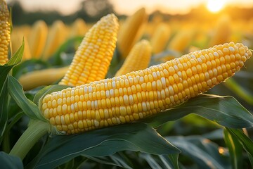 Ripe Yellow Corn on the Cob in a Sunlit Field at Sunset