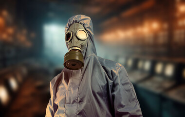 A man in a gas mask and protective suit. Environmental pollution concept. Dirty air with dust and...