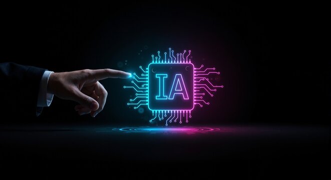 Agent IA. La main d&rsquo;un homme d&rsquo;affaires fran&ccedil;ais touche un hologramme repr&eacute;sentant une puce d&rsquo;intelligence artificielle. D&eacute;veloppement de l&rsquo;IA en France