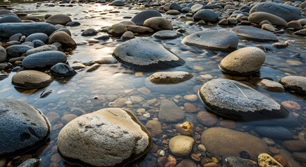 Smooth Grey Stones, Close-Up of River Rocks, Textured Pebble Background, Generative AI image