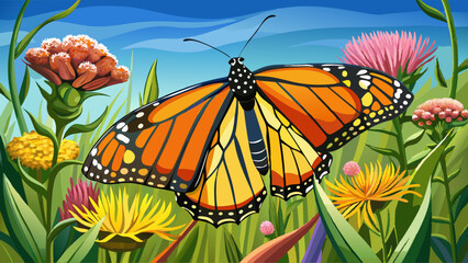 Close up Photograph of Monarch (Danaus Plexippus) butterfly on Wildflowers. Beautiful Nature Background