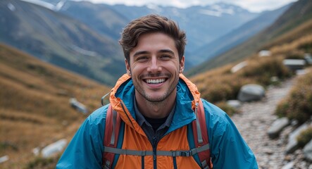 Naklejka premium happy guy in windbreaker on mountain trail background