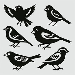 Obraz premium Sparrow Bird Silhouettes Collection – Vector Illustrations of Flying and Standing Sparrows. set of birds set of vector birds 