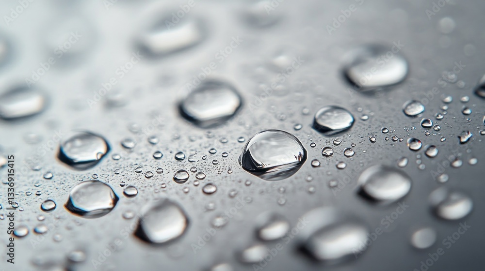 Poster delicate water droplets create a mesmerizing pattern against a smooth gray backdrop, showcasing a mo