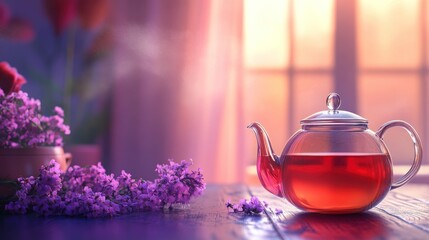Pouring Herbal Tea Into a Clear Teapot with Floral Decoration