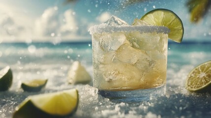 A close-up of a frosty margarita cocktail served with lime wedges and salt