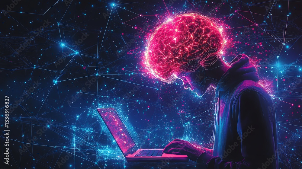 Poster hacker in hoodie with laptop standing before neural brain interface concept, glowing connections, fu