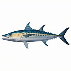 Naklejka premium Realistic Illustration of a Mackerel Fish with Blue-Green Coloration and Striped Pattern on a White Background.