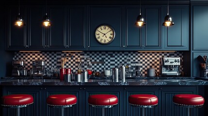 A dark and sophisticated retro diner kitchen with midnight blue cabinetry