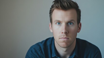 Fototapeta premium Portrait of a Thoughtful Young Man with Blue Eyes Against a Soft Background