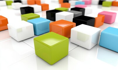 Obraz premium Colorful cubes on a white tiled surface. Depth of field effect. Bright and vibrant colors