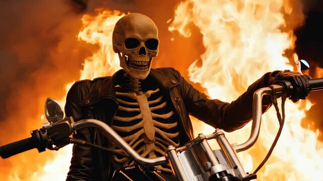 A dramatic portrayal of a skeleton riding a motorcycle amidst roaring flames, capturing the essence of adventure and rebellion in a surreal and intense atmosphere.