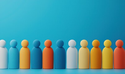 Colorful figures stand in a row against a blue background. Simple forms, unity, diverse group