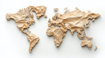 brown cardboard crumpled paper world map png, planet earth countries 2d media collage of cardboard graphic design on white paper background, global geographic illustration