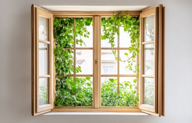 Wooden window with vibrant greenery