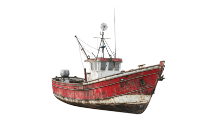 Old weathered red and white fishing boat sea vessel nautical ocean, Isolated on Transparent Background