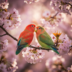Two beautiful, loving birds perch on a branch of a tree.