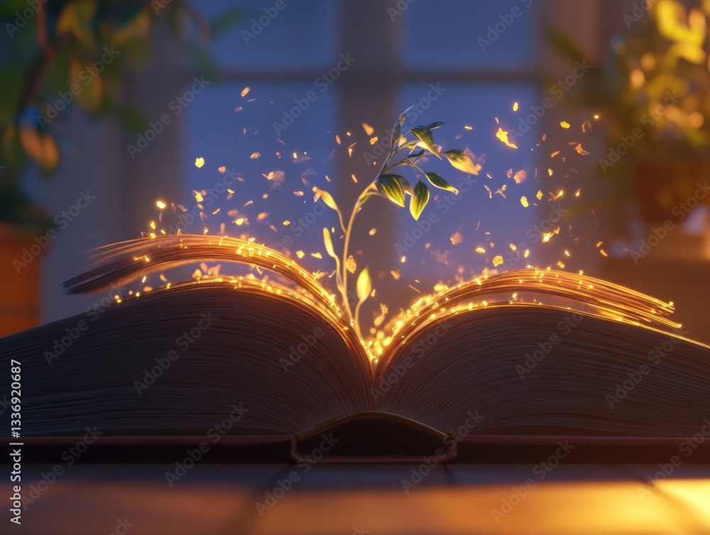Poster an open book with a plant sprouting out of it, symbolizing knowledge and nature