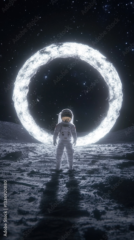 Poster an astronaut standing on the moon's surface, surrounded by a ring of stars