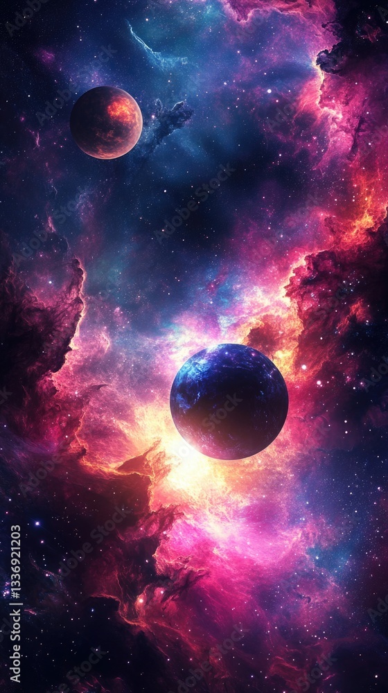 Poster a futuristic space scene featuring multiple planets and stars