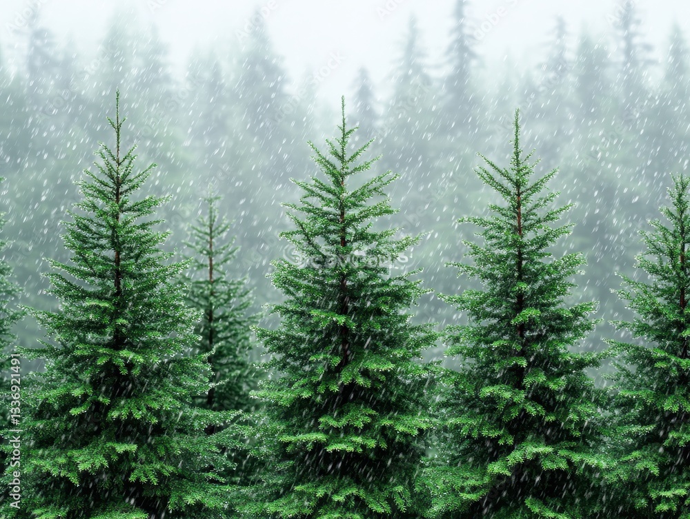 Poster snowfall in a dense evergreen forest with misty background and soft light