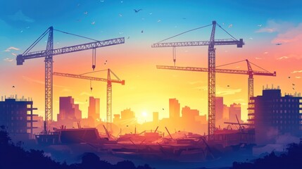 Construction site at sunset city silhouette illustration
