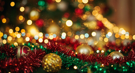 Festive Christmas Background Sparkling Lights Ornaments and Tinsel