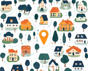 Vibrant and playful illustration of houses, trees, and a central location pin, symbolizing unique destinations for maps and travel themes