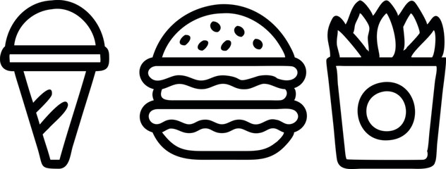 Fast Food Web Line Icons Set, Burger, Donut, French Fries, Pizza, Soda, Minimalist Design,