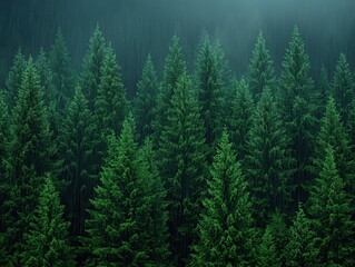 Fototapeta premium Lush Evergreen Forest Under Rainy Skies with Dense Foliage in Background