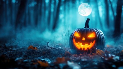 Fototapeta premium Spooky Halloween Jack-o'-lantern in a Mystical Forest