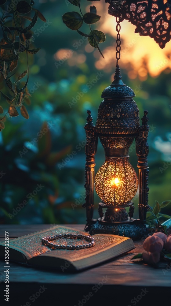 Poster a lantern and book sit on a table with a warm glow