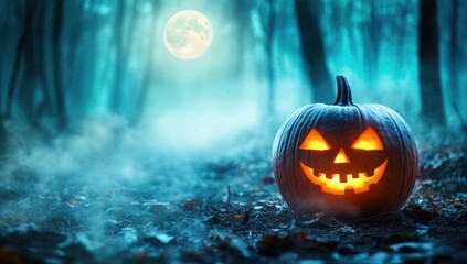 Naklejka premium Spooky Halloween Jack-o'-lantern in a Mystical Forest