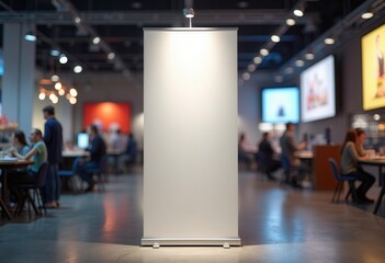 Roll-up banner mockup in a busy exhibition hall