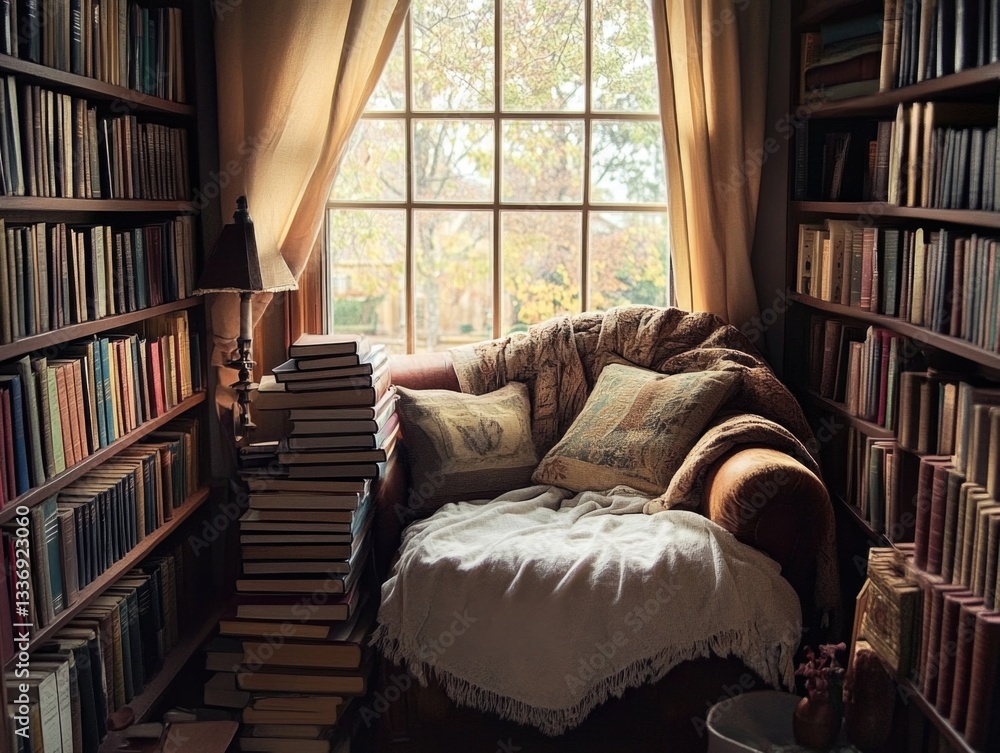 Aufkleber a chair positioned in front of a window filled with books, perfect for reading and studying