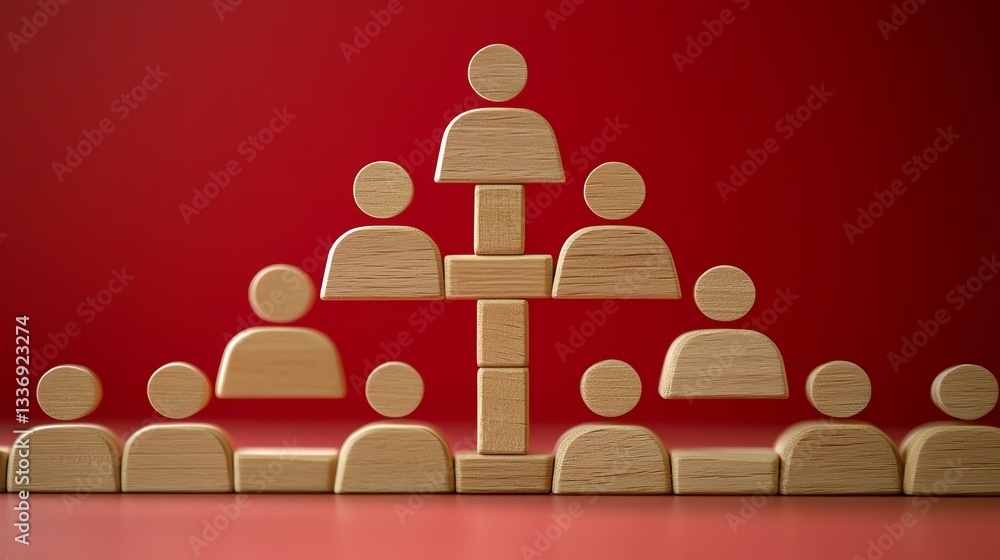 Poster wooden labeled business organizational chart, set against a red background, showing a career path an