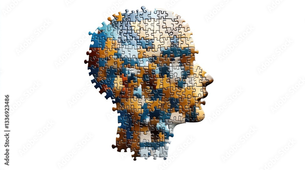 Poster a piece of a puzzle featuring a head composed of interconnected puzzle pieces